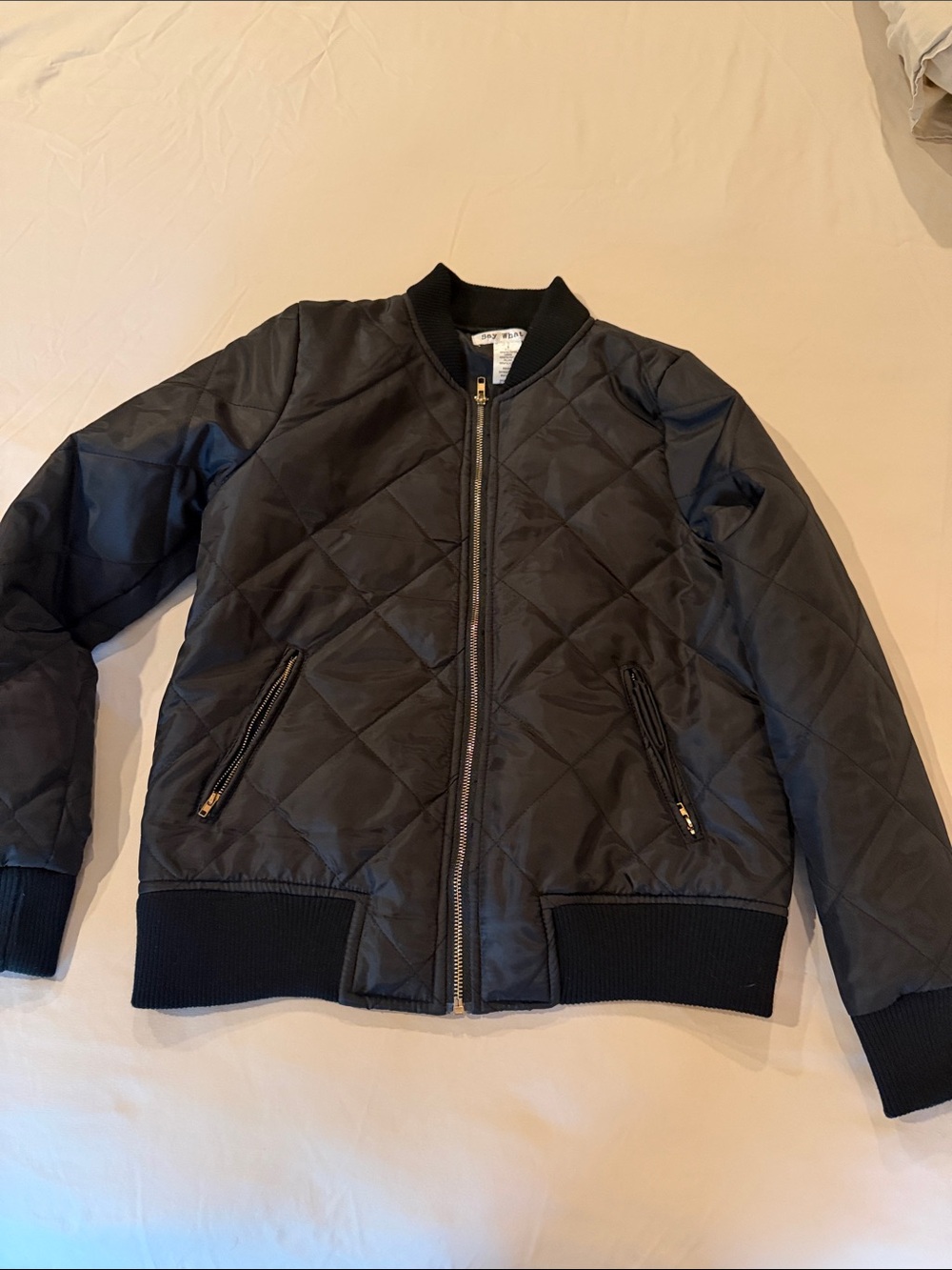 Say What? Black Quilted Bomber Jacket with Zip Pockets
